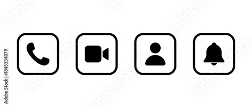 Phone call, video camera, user profile, and notification bell icon in square outline