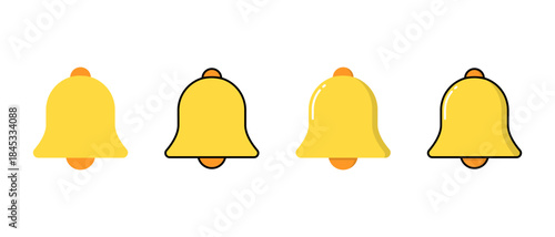Yellow notification bell icon in flat design. Alert reminder status symbol