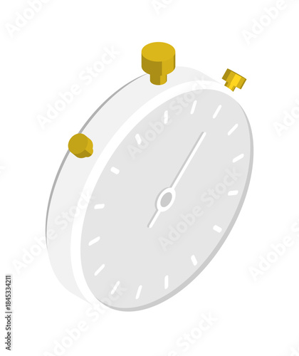 Isometric sports stopwatch with mechanical buttons and a second hand on the dial. Isolated cartoon vector on white back top view