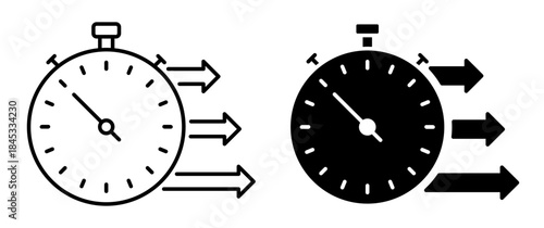 Linear icon. Arrows point forward, indicating rapid movement towards progress, against a stopwatch in back. Simple vector isolated on white background