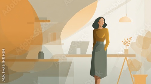 Contemplation in Comfort: A woman in a stylish skirt and sweater stands in a warmly lit, modern office setting, gazing pensively into the distance. She radiates tranquility and poise.