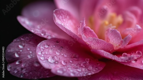 Close-up of a pink flower with water droplets highlighting delicate petal textures against a dark background in nature's elegant display of beauty