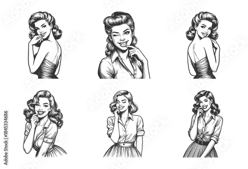 Smiling pin-up women with glamorous hairstyle and bright expressions charm and joy Set collection bundle sketch engraving generative ai vector illustration. Scratch board imitation. Black and white.
