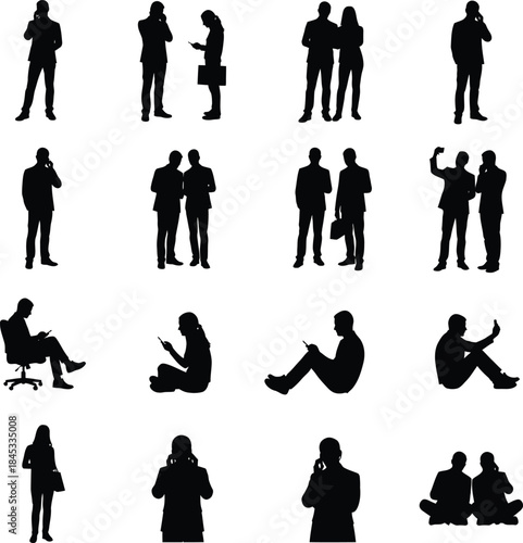 A collection of black vector silhouettes featuring a business team of men and women in suits standing alongside a walking group of people and a family with a child