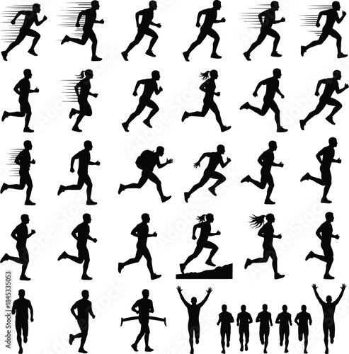 Vector illustration collection of black sport silhouettes featuring men and woman players in action during soccer football basketball and tennis competitions including running and jumping people