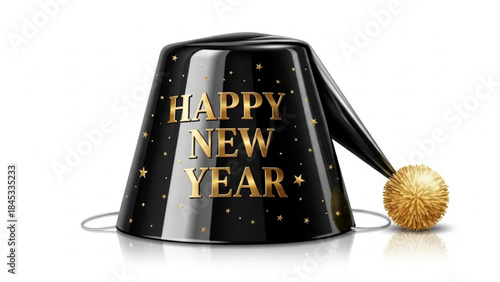 Realistic New Year Party Hat with Black Glossy Cone and Gold ‘Happy New Year’ Text Vector Illustration