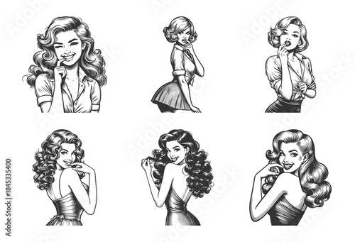 Smiling pin-up women with glamorous hairstyle and bright expressions charm and joy Set collection bundle sketch engraving generative ai vector illustration. Scratch board imitation. Black and white.