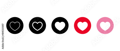 Heart icon set in circle. Outline, solid, red, and pink love variation symbol