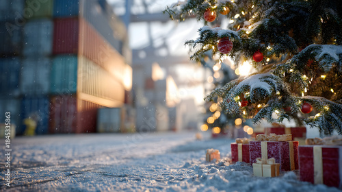 Wallpaper Mural Christmas tree branches with gifts on snowy industrial port, containers in background, concept of Christmas celebration in the industrial setting and environment. Torontodigital.ca