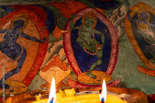 See the votive offerings in front of the frescoes on the wall, Lhagang Monastery, Qing Dynasty (1644-1911), Tagong (Lhagang), Garzê Tibetan Autonomous Prefecture, Sichuan,  China