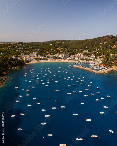 Aerial view of boats scattered like confetti on the deep blue sea, contrasting with the golden sands of the beach and the green hills of the coastline, Llafranc, Catalonia, Spain.