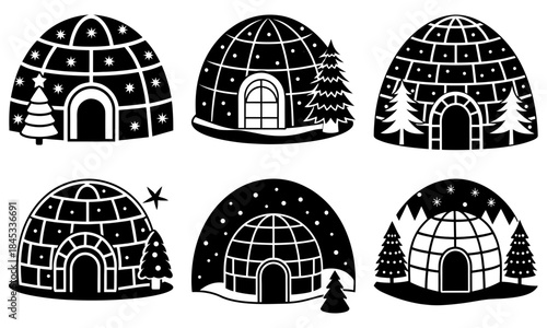 Six Igloo Silhouettes with Snowy Scenes on White Background winter stars