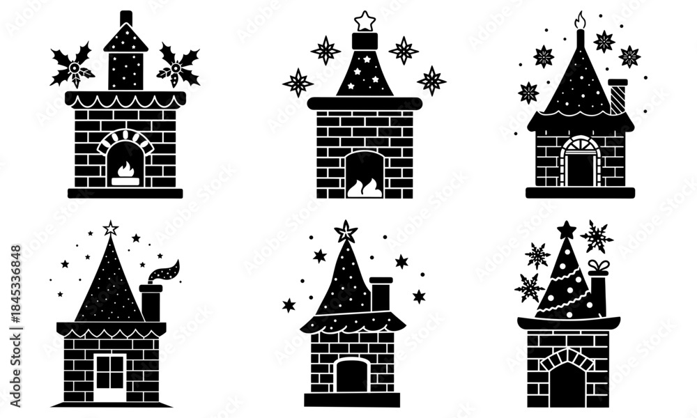 Fototapeta premium Christmas-themed brick chimney and roof with festive decorations and stars holiday