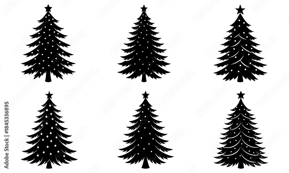 Obraz premium Six Christmas Trees with Stars and Decorations on White Background holiday silhouette