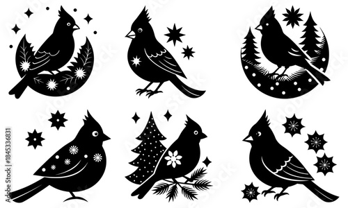 Black and white cardinal birds with stars and trees on transparent background silhouette
