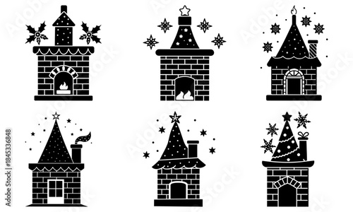 Christmas-themed brick chimney and roof with festive decorations and stars holiday