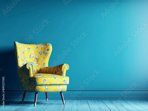 Cozy Yellow Armchair: A brightly colored yellow armchair offers a welcoming touch of comfort against a teal blue backdrop, creating a simple yet inviting space