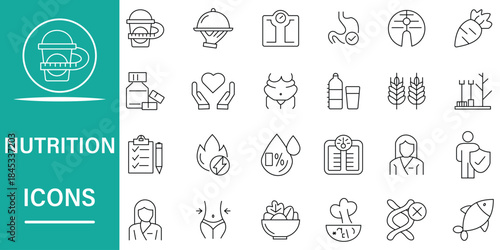 Nutrition icon set in line style. Health and food 24 icons related to vegetables, water, palm oil free, healthy food, vitamins, minerals, balanced diet, nutrients and more symbol. Vector illustration.