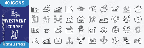 investment icon Set. Outline Icon Collection. Editable stroke. Vector illustration. 40 investment icons