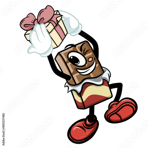chocolate cartoon character jumping and carrying a gift box