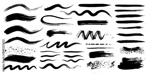 Grunge ink brush strokes elements. Black paint brush, stroke, line, grunge. Dirty textures of banners, boxes, frames and design elements. Vector ilustration