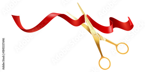 Golden scissors cutting red silk ribbon for grand opening ceremony, realistic inauguration concept isolated on transparent background