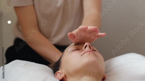 Head, spa massage and hands of woman with skincare, wellness and muscle tension relief. Facial, hotel and detox treatment with masseuse