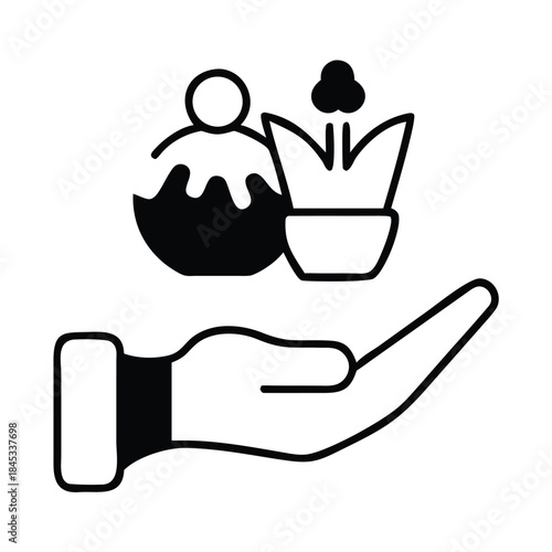 Hand holding soil and potted plant icon representing sustainable growth care and environmental responsibility concepts