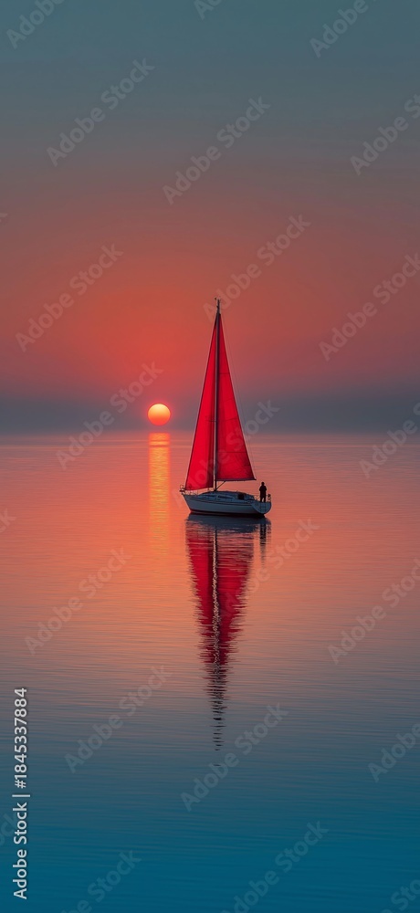 Fototapeta premium Sailboat navigating open water, catching warm sunlight during a tranquil evening voyage. Red sailboat cruising ocean at golden sunset