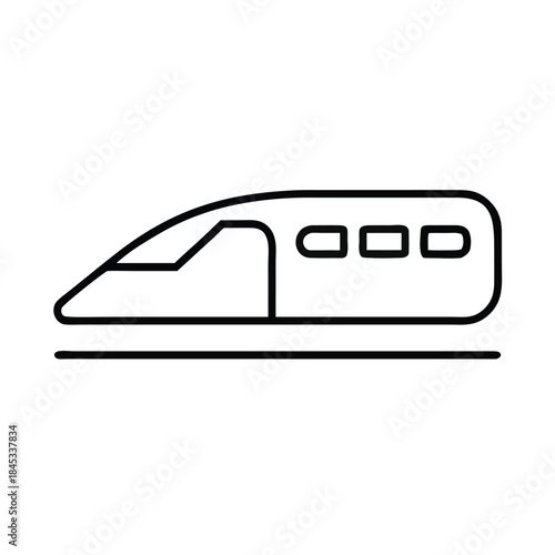 Simple black line art icon representing a modern high speed bullet train moving quickly along railway tracks