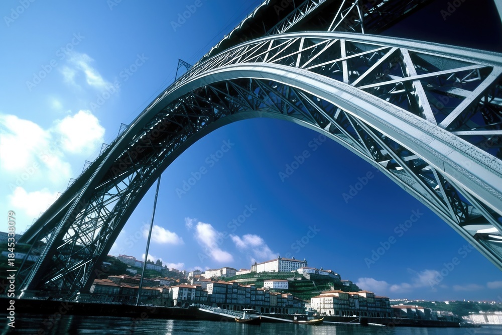 Naklejka premium The bridge's steel arch structure and the surrounding blue sky and city scenery are suitable for travel engineering themes.