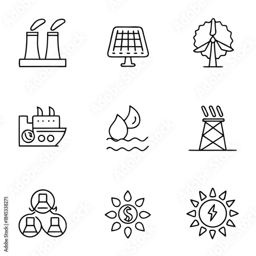 Set of nine black line icons representing various energy sources and environmental concepts clearly displayed