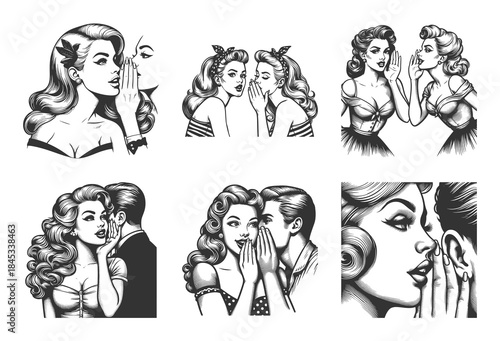 pin-up women gossiping, whispering secrets, and sharing surprises in expressive and playful poses Set collection bundle sketch engraving generative ai vector illustration. Scratch board imitation. 