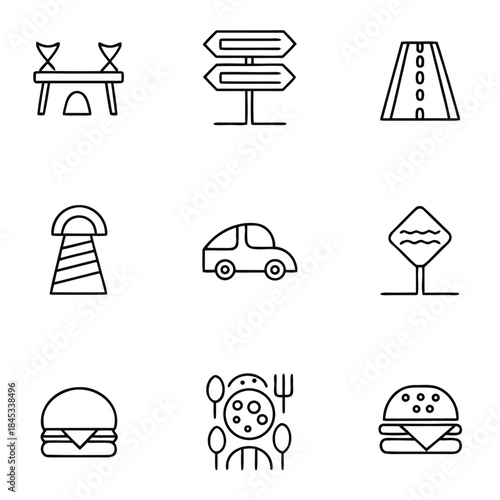 Collection of simple black outline icons representing travel dining navigation and outdoor leisure activities