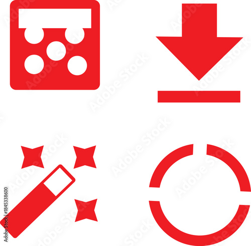 Set of four red icons dice, download arrow, magic wand, and loading circle segment