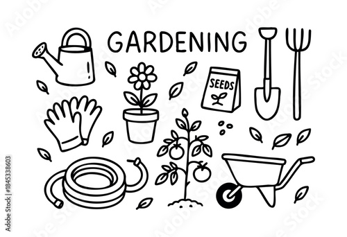 A charming collection of hand-drawn outline icons representing various gardening tools, plants, and essentials, including text "GARDENING" — stock vector.