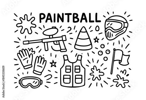 A collection of hand-drawn doodle style paintball equipment and elements including a marker, mask, vest, gloves, and paint splatters, surrounded by energetic lines — stock vector.