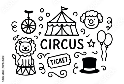 A delightful hand-drawn vector illustration showcasing classic circus entertainment elements like a big top, a clown, a performing lion, a unicycle, and a ticket. — stock vector.