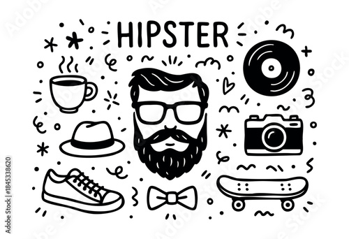 A collection of hand-drawn black and white icons representing modern hipster culture and trends, including a beard, glasses, coffee, vinyl, camera, skateboard, hat, and bow tie — stock vector.