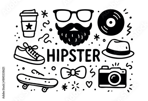 A collection of hand-drawn black and white icons representing modern hipster culture and trends, including a beard, glasses, coffee, vinyl, camera, skateboard, hat, and bow tie — stock vector.