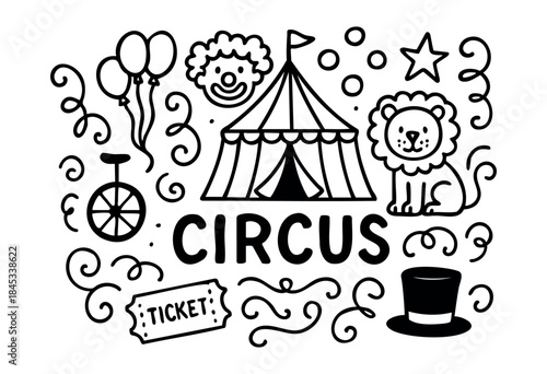 A delightful hand-drawn vector illustration showcasing classic circus entertainment elements like a big top, a clown, a performing lion, a unicycle, and a ticket. — stock vector.