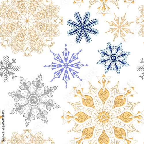 Background with delicate snowflakes for decorations. Seamless pattern. Christmas and New Year. For printing and textiles.