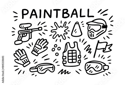 A collection of hand-drawn doodle style paintball equipment and elements including a marker, mask, vest, gloves, and paint splatters, surrounded by energetic lines — stock vector.