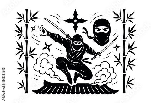 A powerful black and white vector illustration depicting a leaping ninja warrior with katanas over a traditional Japanese roof, surrounded by bamboo, shurikens, and smoke clouds — stock vector.