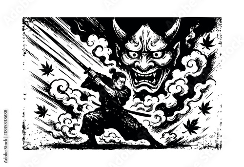 Dynamic black and white vector art portraying a stoic samurai facing a menacing Oni demon, captured with expressive ink brush strokes and swirling elements — stock vector.