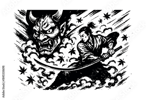Dynamic black and white vector art portraying a stoic samurai facing a menacing Oni demon, captured with expressive ink brush strokes and swirling elements — stock vector.