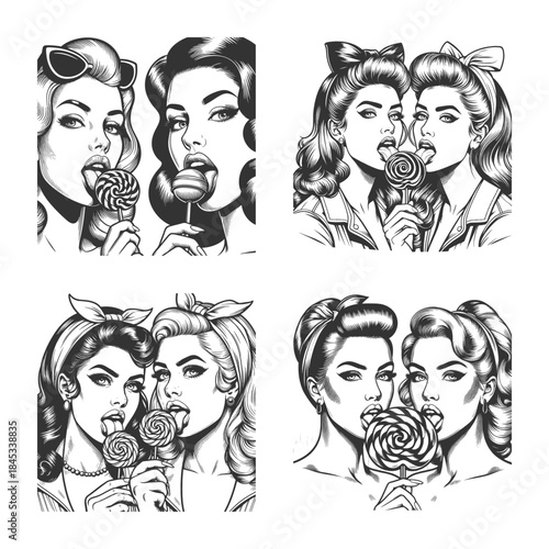 pin-up woman licking lollipop Set collection bundle sketch engraving generative ai vector illustration. Scratch board imitation. Black and white image.