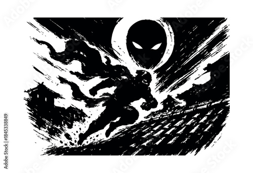 A dynamic, high-contrast ink illustration depicting a mysterious ninja figure leaping across a traditional Japanese rooftop under a sinister moon with glowing eyes — stock vector.
