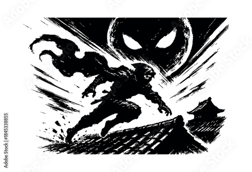 A dynamic, high-contrast ink illustration depicting a mysterious ninja figure leaping across a traditional Japanese rooftop under a sinister moon with glowing eyes — stock vector.
