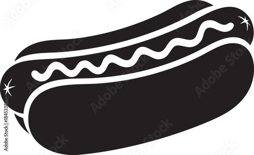 A stylized black and white hot dog with mustard and stars on a transparent background